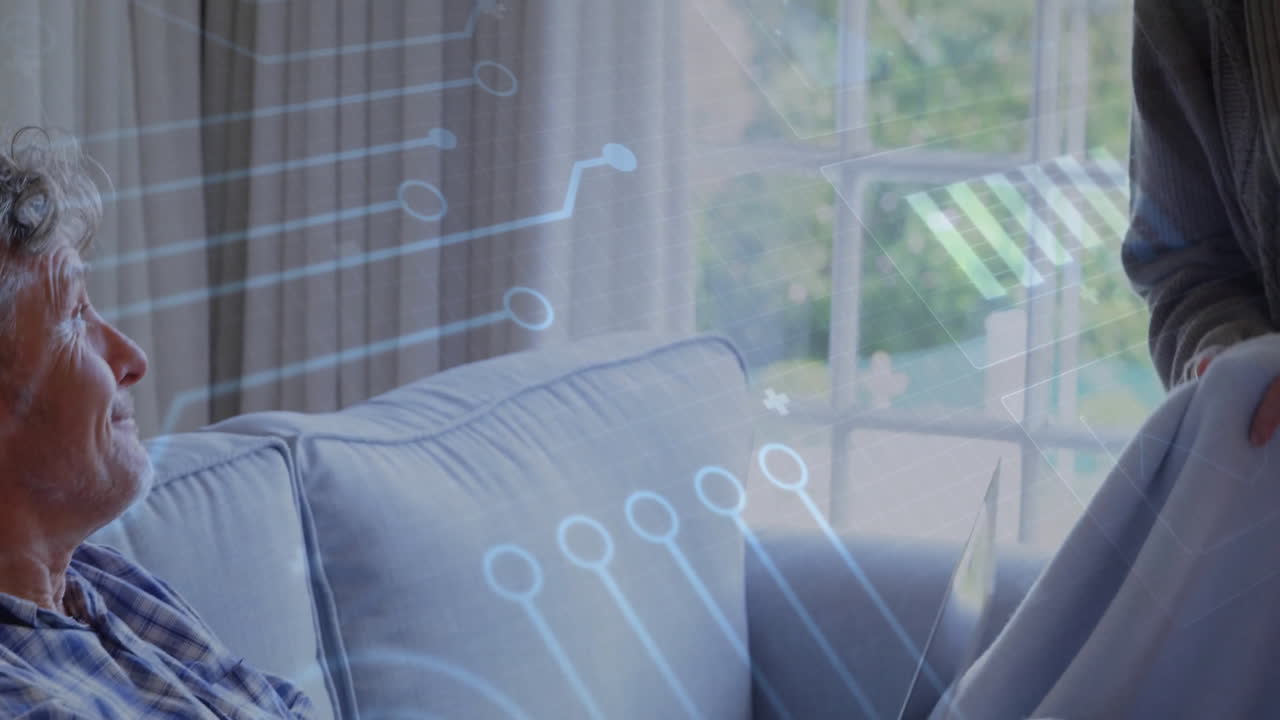 Animation of data processing over senior caucasian couple smiling at home