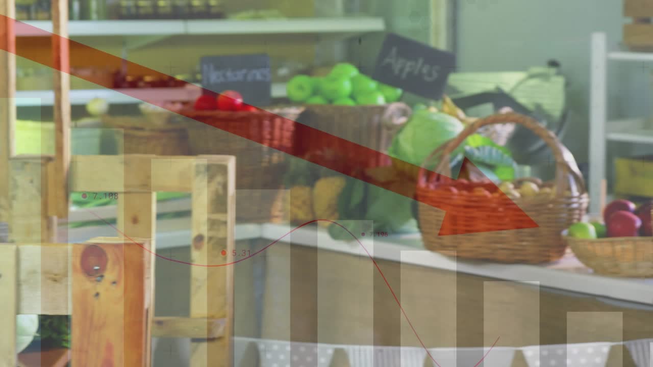 Woman entering right picking produce apple shopping turning smiling red arrow bar charts overlaying