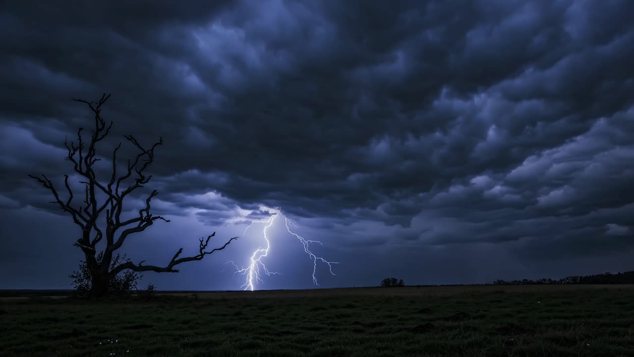 Dramatic landscape video scene with a low-angle view of a stormy sky, showcasing lightning