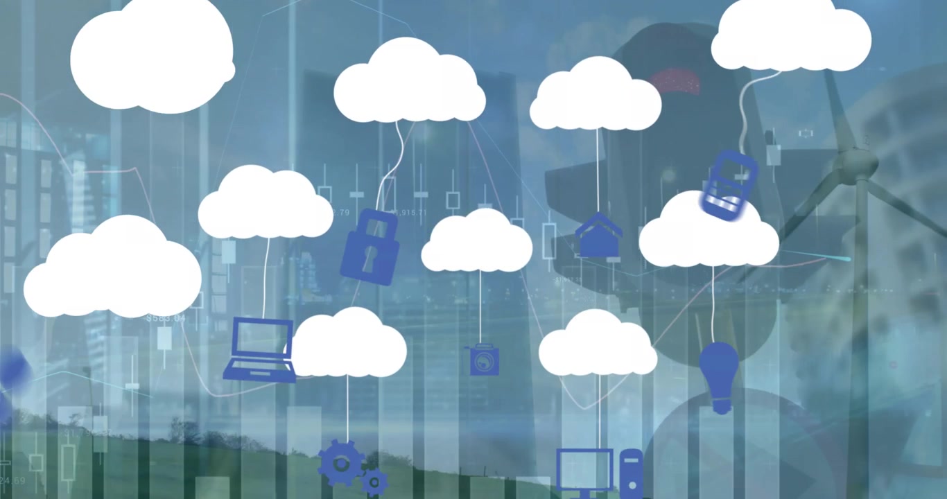 Animation of clouds with diverse technology devices over city landscape
