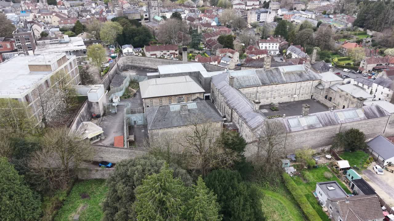 Prigione in disuso di Shepton Mallet, Somerset, Regno Unito. Panoramica aerea con drone