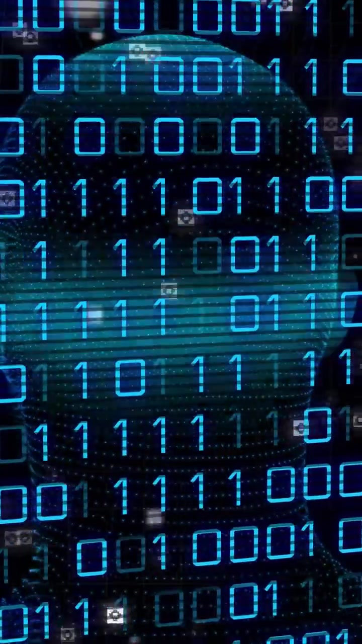 Vertical video: On pulse teal 3D head rising binary grid scrolling icons blinking showing data flow