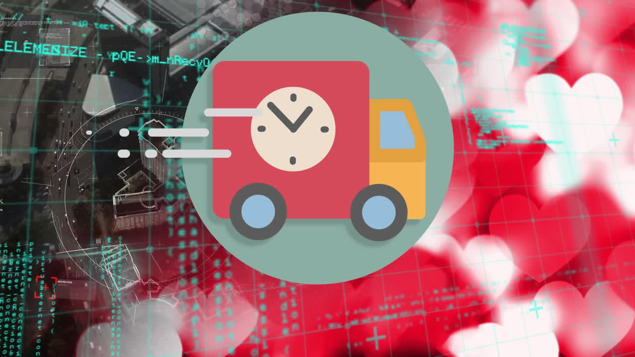 데이터 처리 및 도시 풍경에 대한 트럭 아이콘과 심장의 애니메이션