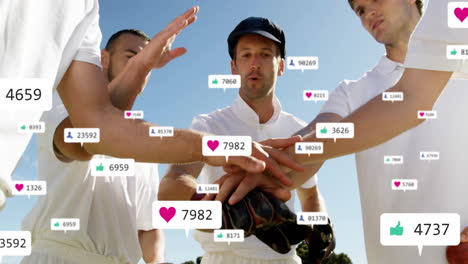 animation of social media icons with growing numbers over diverse male cricket players teaming up