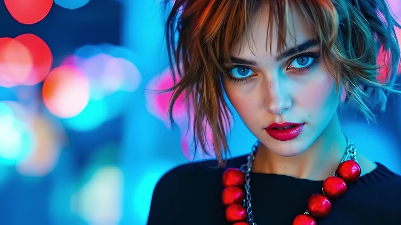 A woman wearing a black dress and a red necklace