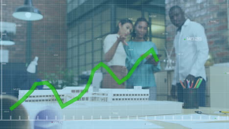 animación de la línea verde y procesamiento de datos sobre diversas personas de negocios en la oficina