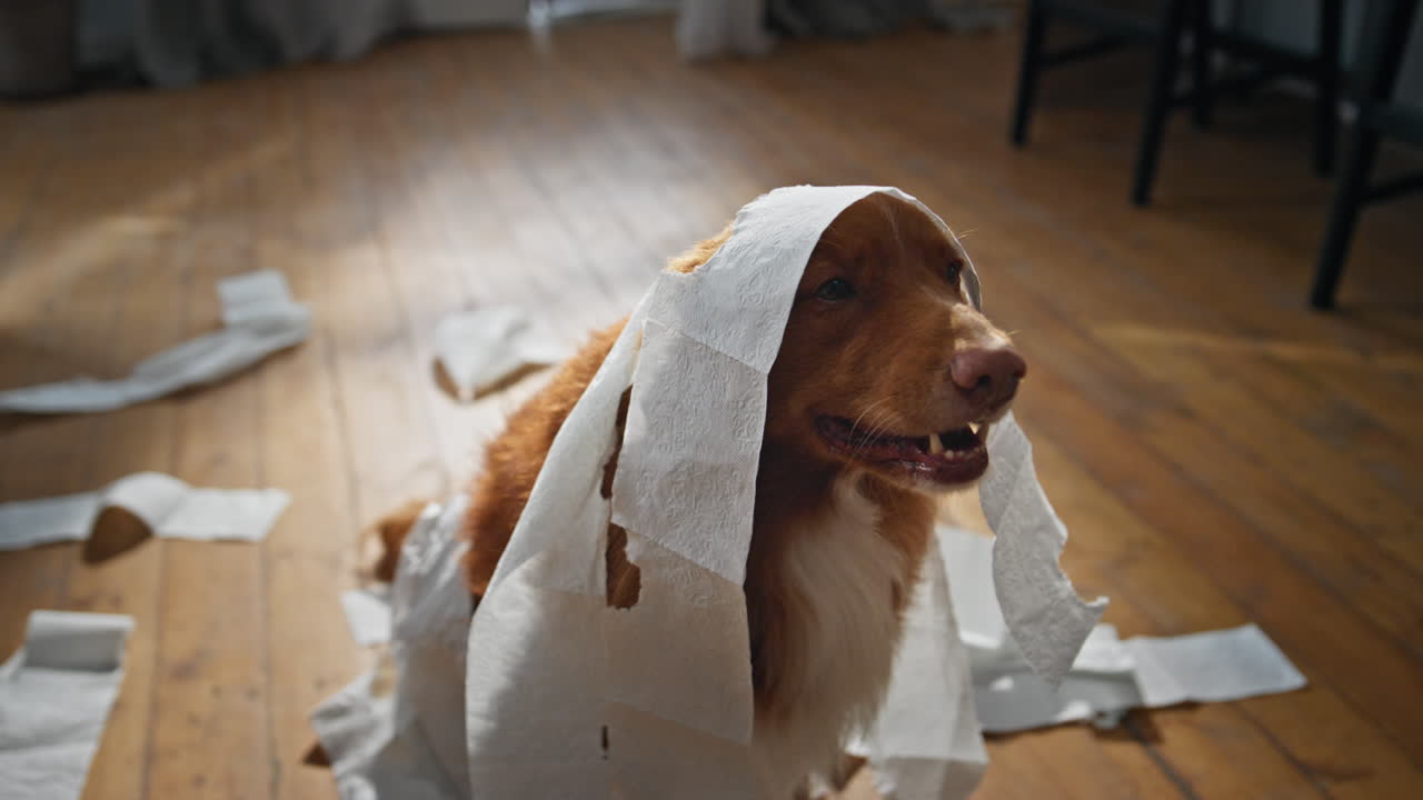 Funny dog wrapped toilet paper littering at apartment floor closeup. Pet playing