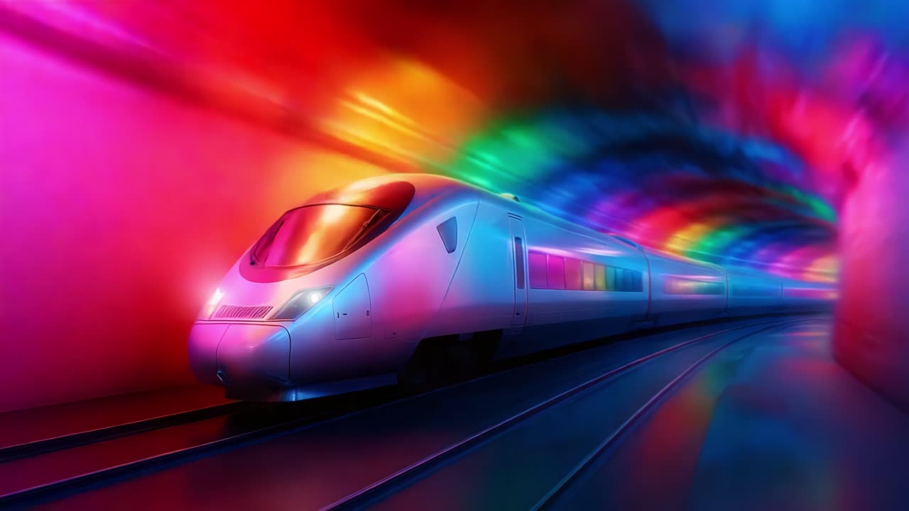 A futuristic high-speed train navigates a vibrant, illuminated tunnel, showcasing a dazzling array of colors that create an electrifying atmosphere, promising an exhilarating journey ahead