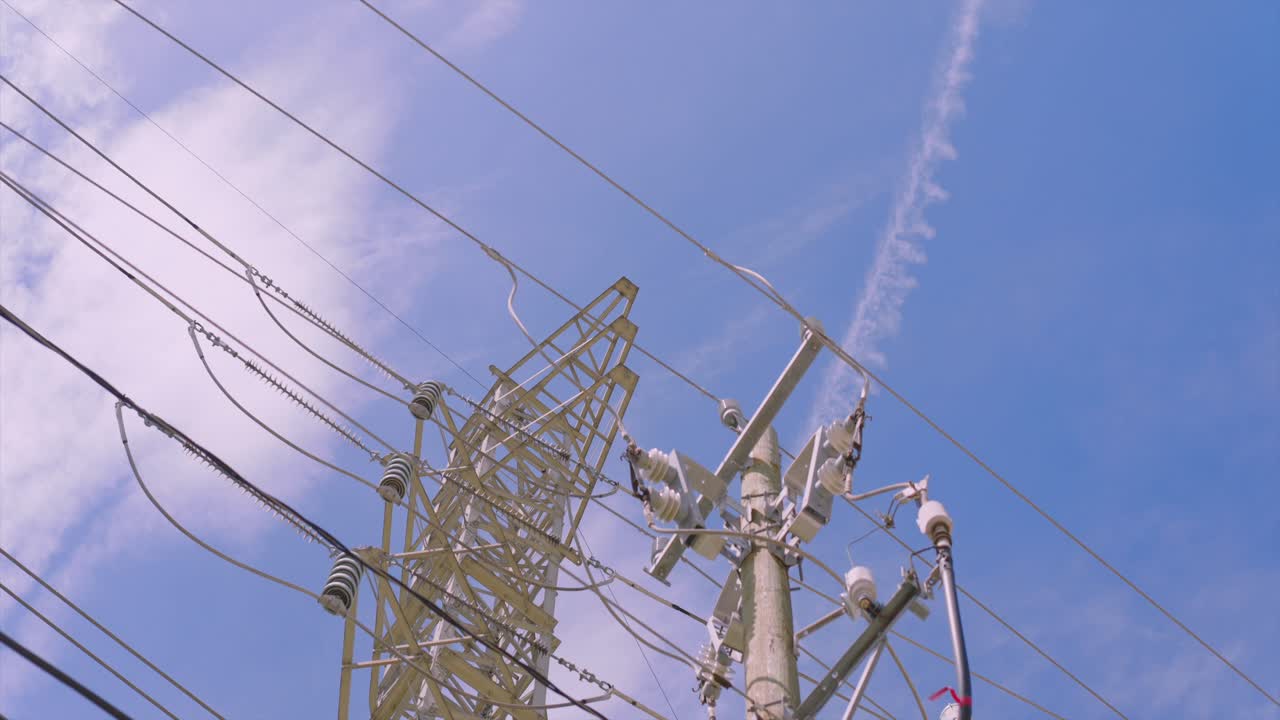Low angle view looking up at power lines below a cloudy sky