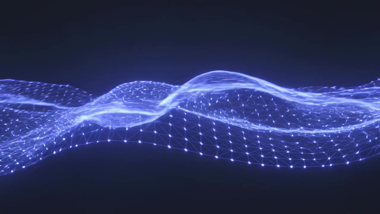 Advancing frames driving blue mesh waving across void, creating flowing wave motion with lit nodes
