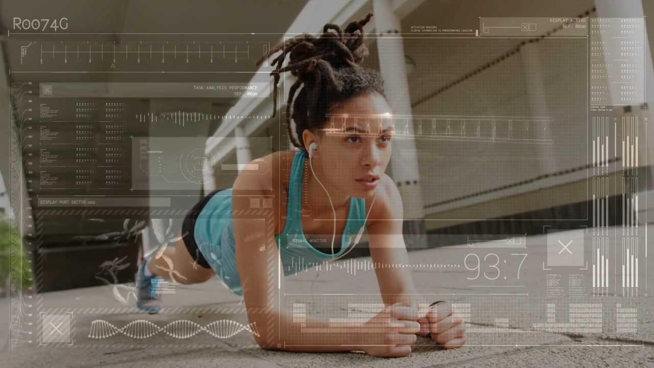 Performing woman in teal top, black shorts holding plank under covered walkway, HUD, wired earbuds