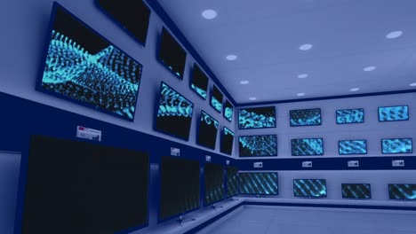 Animation-of-rows-of-television-sets-in-store-with-glowing-screens-with-copy-space