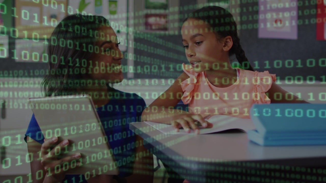 Animation of binary code over diverse female teacher and girl using tablet