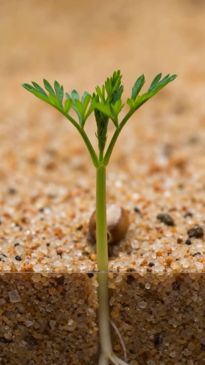 Macro time-lapse che mostra la germinazione cronologica di un singolo seme marrone incastonato in sabbia grossolana color ocra.