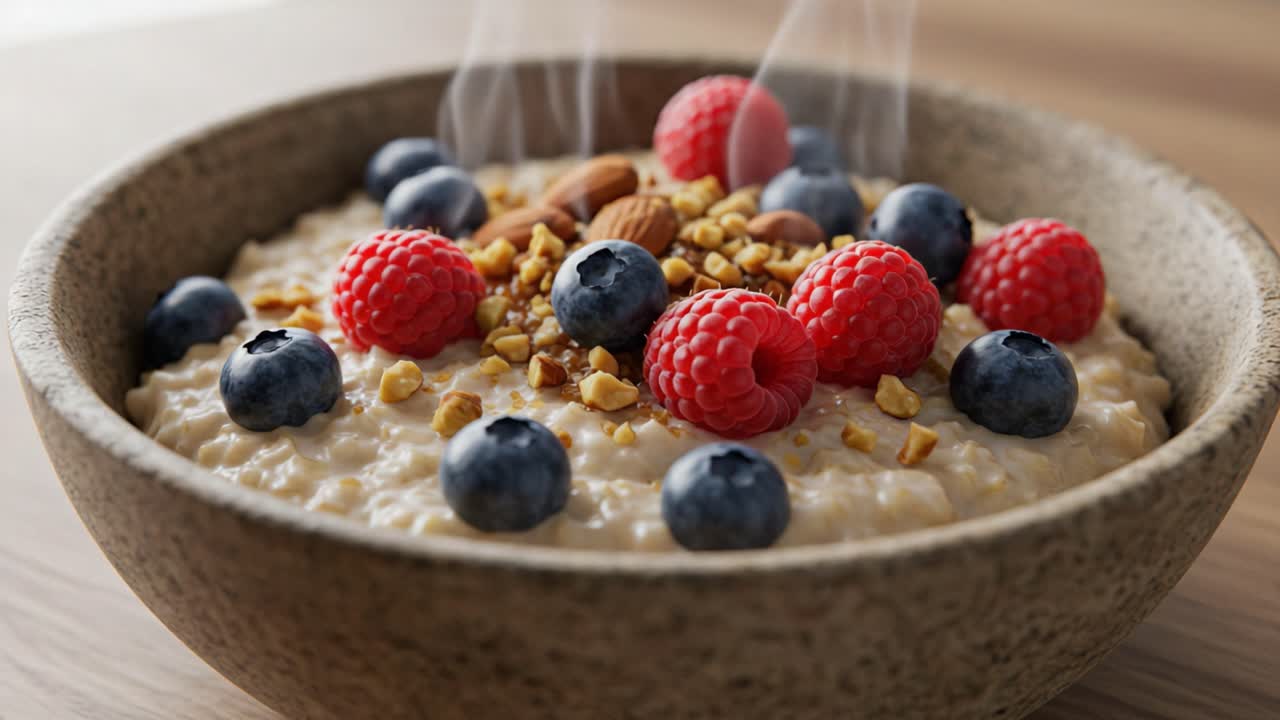 A Delicious Bowl of Warm Oatmeal Topped with Fresh Raspberries, Blueberries, and Crunchy Nuts, Perfect for a Nutritious Breakfast Experience