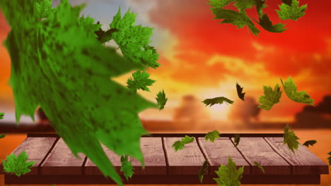 animation of autumn leaves falling over sunset and wooden surface