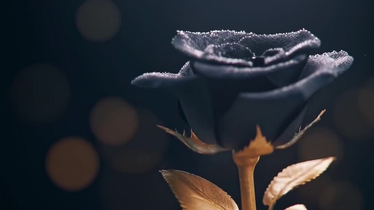 Video ravvicinato di una rosa nera con foglie dorate, ripreso da una prospettiva bassa, elegante e drammatico