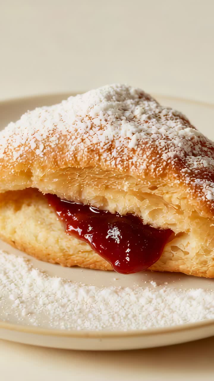 Vertical video: Pulling camera centering on triangle jam pastry on ceramic plate, revealing layers