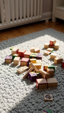 wooden blocks on carpet in sunbeam