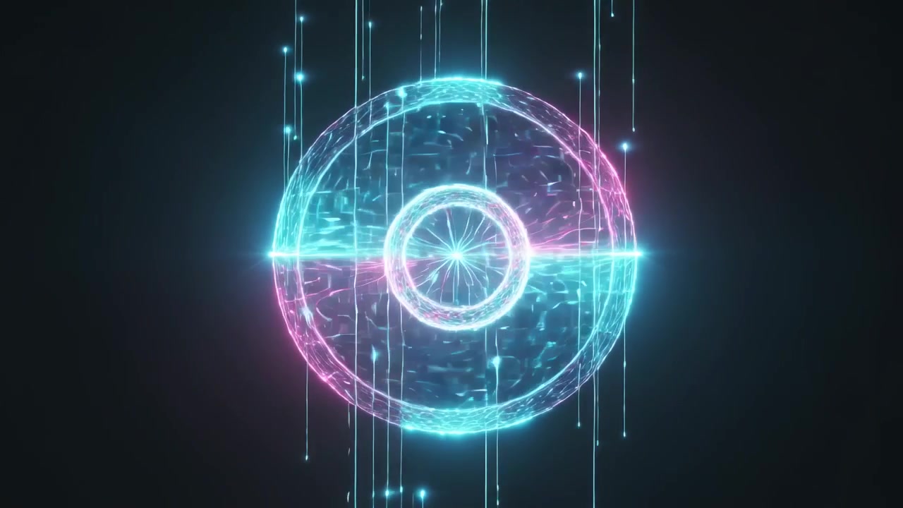 Pulsing holo disc sending falling lines in dark studio, band pulsing forming cyan magenta display