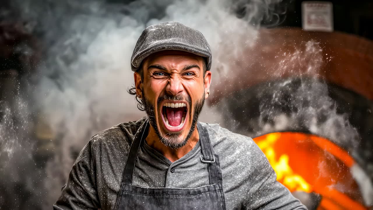 Chef expressing joy in a busy kitchen. A chef smiles widely in a bustling kitchen filled with flour and smoke, showcasing his passion for cooking