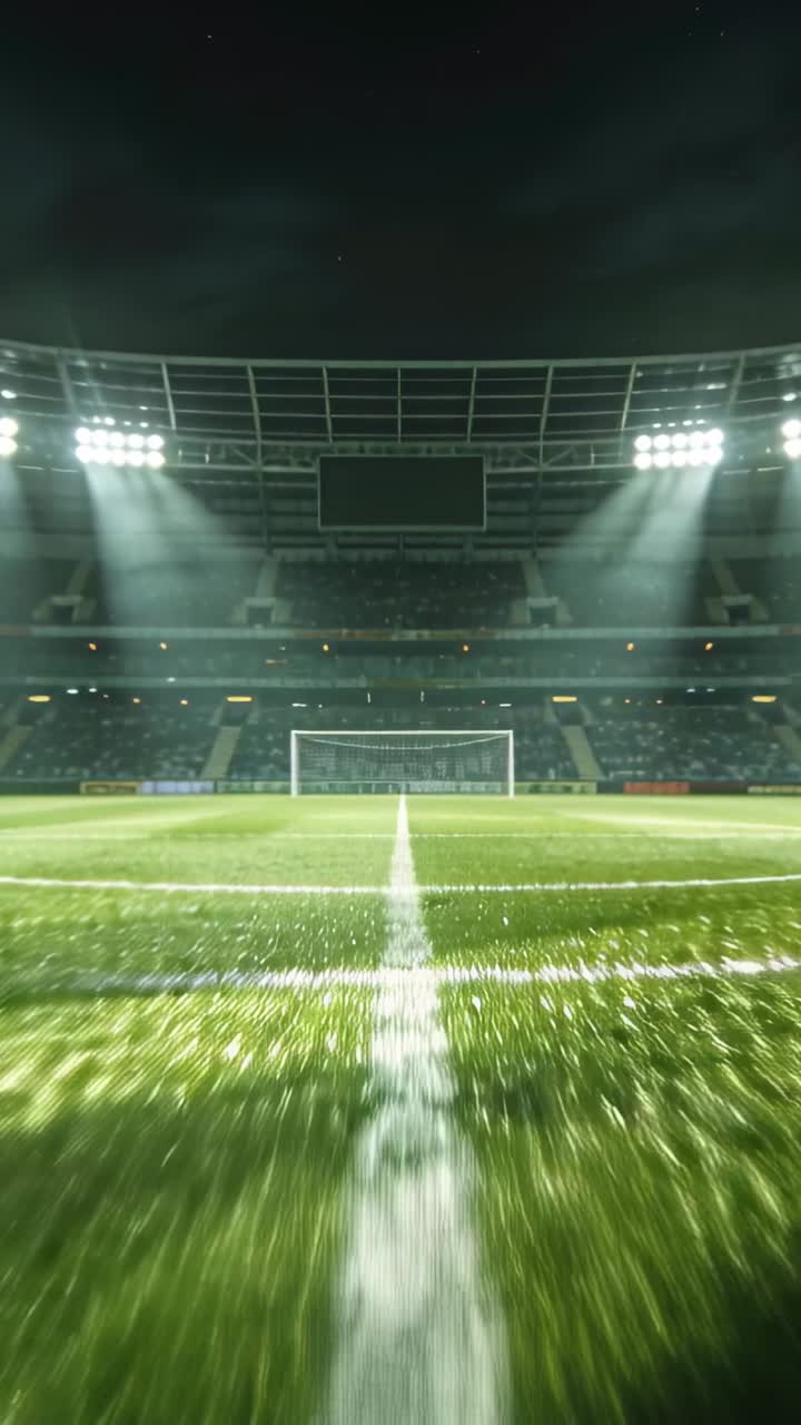 Video verticale: Telecamera che avanza sulla linea di centrocampo verso la porta per un'introduzione pre-partita di calcio, con le luci dello stadio.