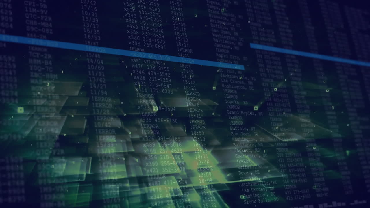 Hacking interface showing green code columns streaming, with error lines and floating squares