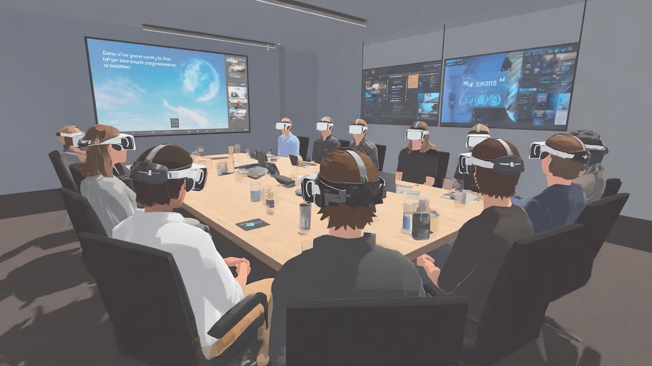 A Group of Individuals Wearing Virtual Reality Headsets Participate in an Interactive Experience During a Modern Meeting in a Conference Room, Exploring Digital Displays and Engaging Ideas in a Collaborative Setting