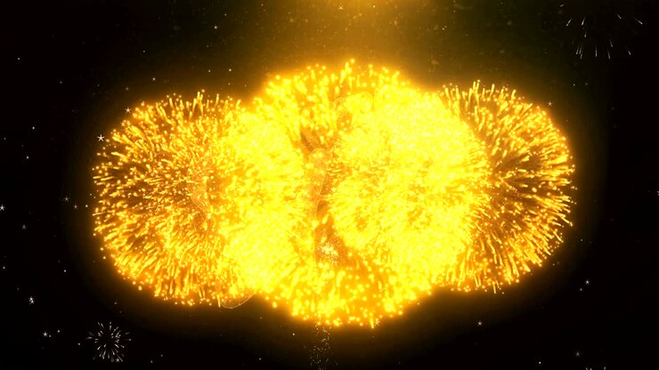 Happy holi Greeting Card text Reveal from Golden Firework & Crackers on Glitter Shiny Magic Particles Sparks Night for Celebration, Wishes, Events, Message, holiday, festival