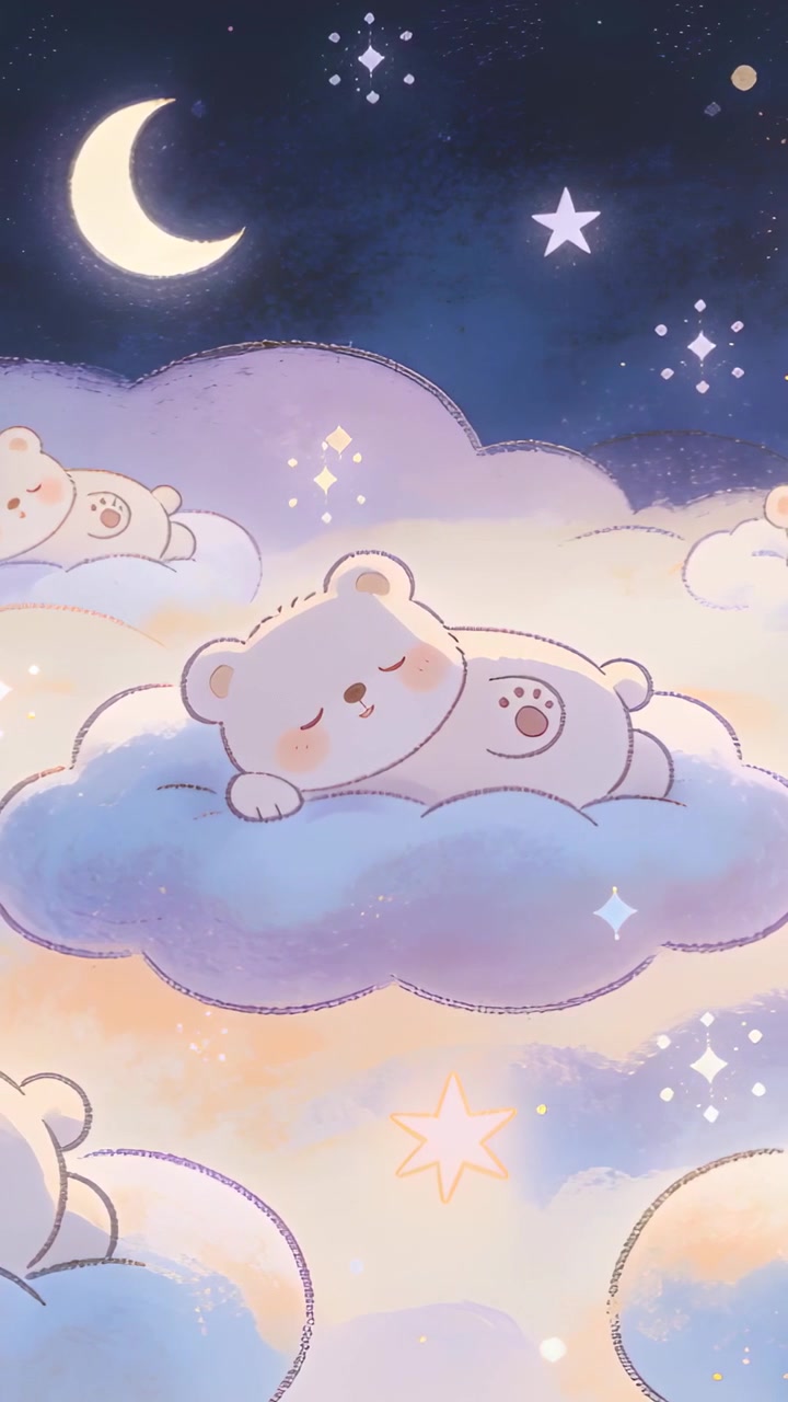 Vertical video: Looping soft teddy breathing bobbing on cloud in nursery under crescent moon, star
