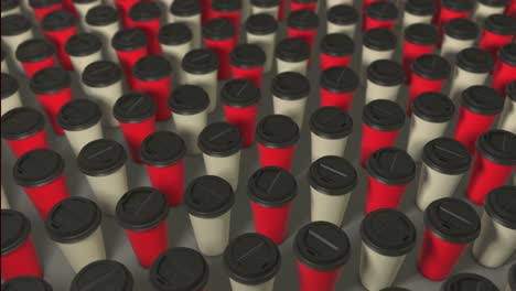 two colored coffee cups background. 3d abstract render with bright light and shadows. coffee cups pattern. loopable animation. red white