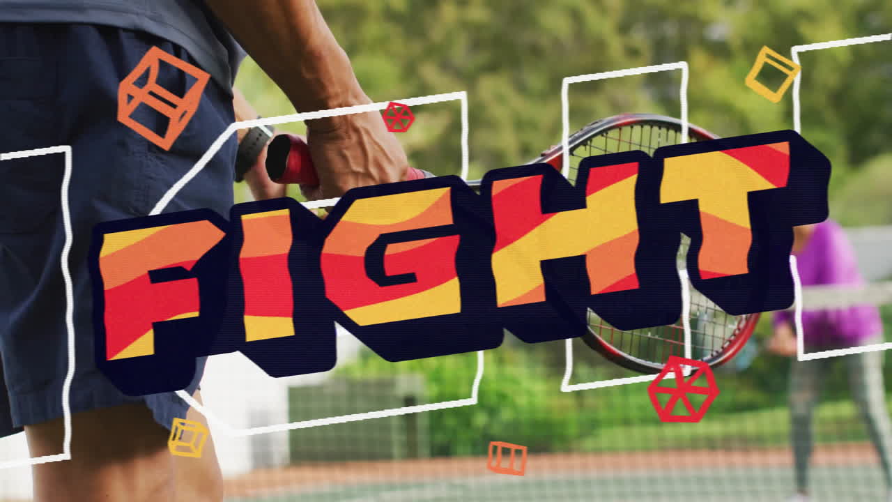 senior man holding tennis racket and balls near court line, displaying animated health chart