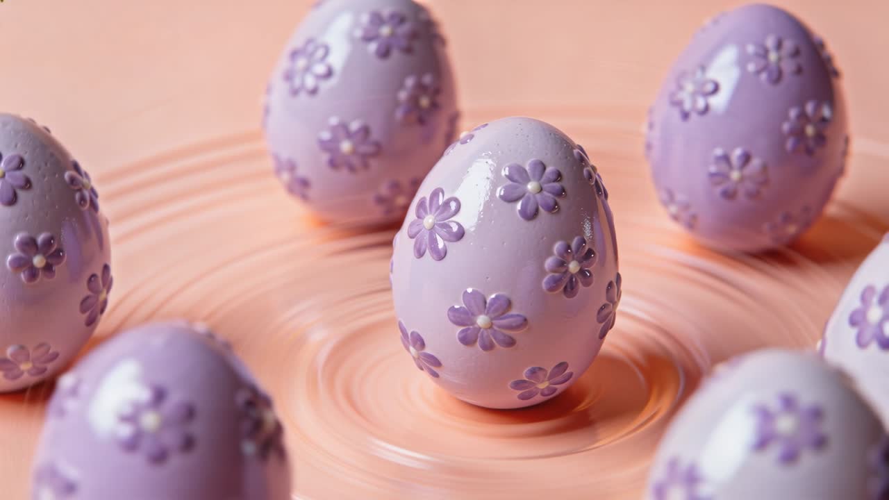 Showing peach pool shifting and making ripples around central egg with raised floral appliques