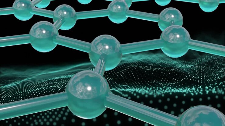 Animation of 3d micro of network of molecules on green mesh and black background