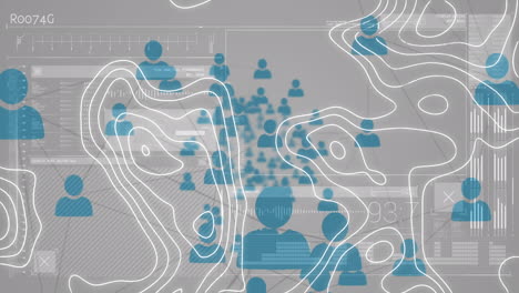 animation of moving contour lines over network of people icons and data processing, on grey