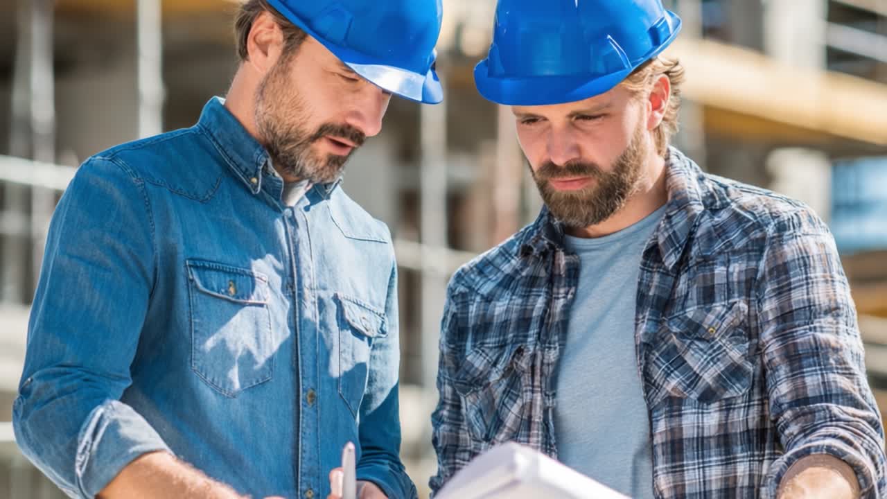 To byggeprofesjonelle analyserer planer og samarbeider om et prosjekt, iført vernehjelmer på en byggeplass, med fokus på teamarbeid og planlegging.