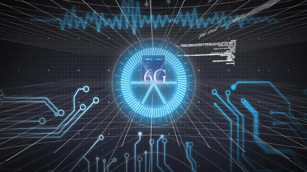 6g 텍스트, 디지털 데이터 프로세싱 및 회로 보드를 어두운 배경으로 애니메이션
