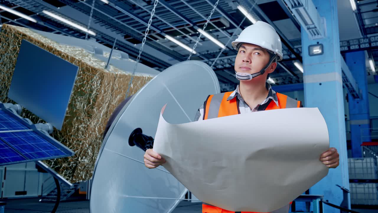 инженер, рассматривающий планы обслуживания спутников на производственном предприятии