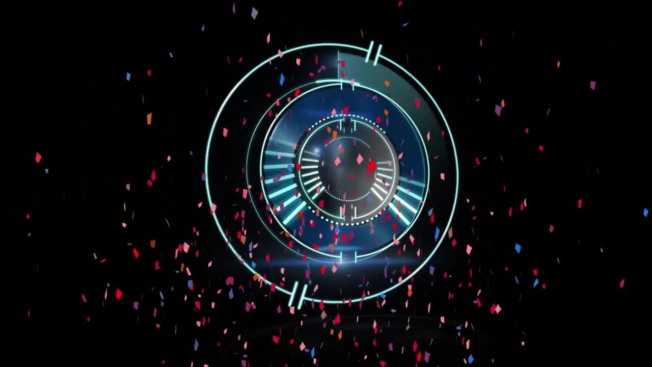 어두운 배경에 떨어지는 다채로운 콘페티 위에 회전하는 원형 안전 잠금의 애니메이션