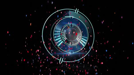 Animation-of-circular-safe-lock-rotating-over-colourful-confetti-falling-on-dark-background