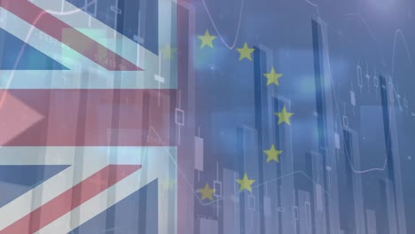 animation of data processing over flags of european union and united kingdom