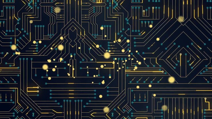 Animation of data processing on glowing computer circuit board