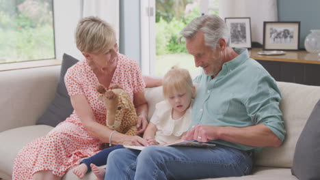grandparents sitting on sofa with granddaughter at home reading book together