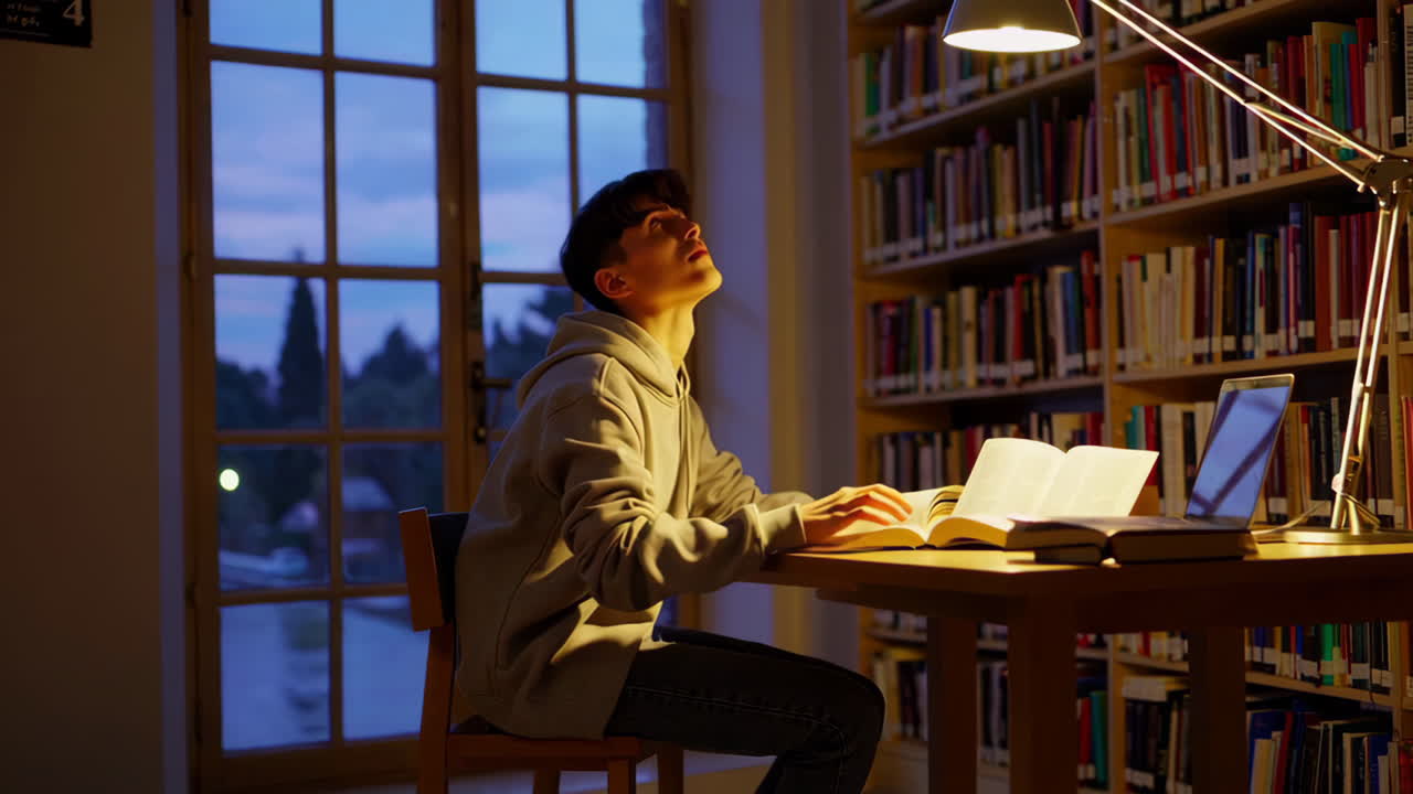 Teenager studying in the library at night