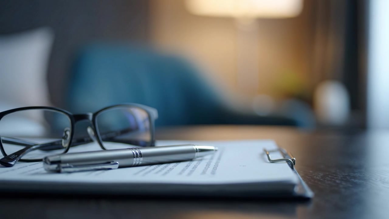 A close-up view of office essentials including glasses, a pen, and documents on a desk, illuminated by soft ambient light in a cozy indoor setting.