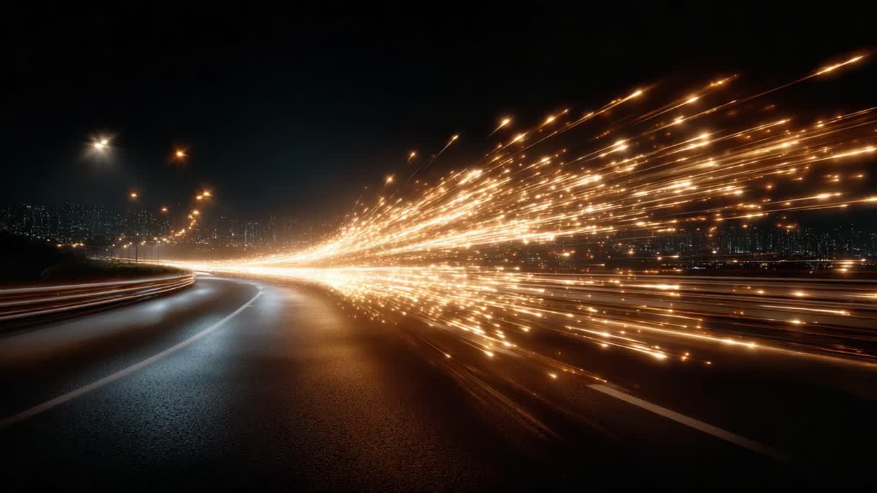 Dynamic Night Drive: Captivating Light Trails Illuminate a Curving Road as Vehicles Speed by, Creating a Dazzling Display of Motion and Energy in the Urban Landscape