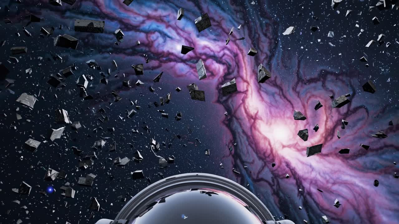 Futuristic video concept of an astronaut's helmet in space, surrounded by debris, with a swirling