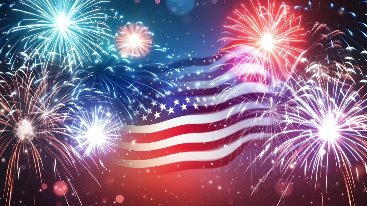 Vibrant fireworks burst over a waving American flag, captured from a wide-angle view