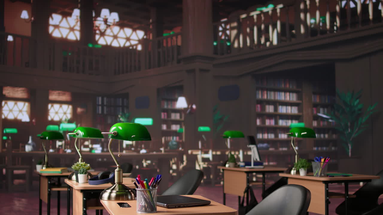 Vertical video empty campus library as a designated space for students to work