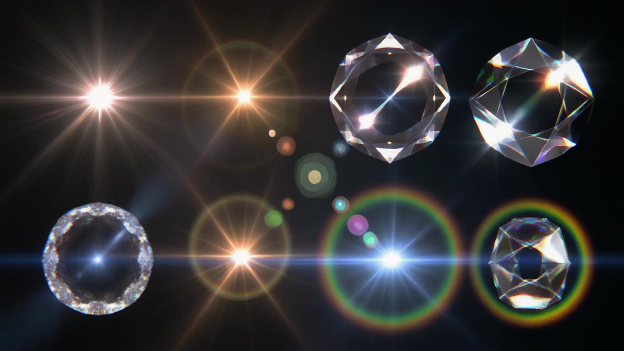 Abstract Geometric Crystal Shapes Rotating with Lens Flare Effects